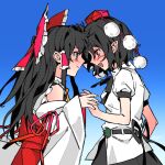  2girls :d ascot black_bow black_bowtie black_eyes black_hair black_skirt blue_background blush bow bowtie chinese_commentary closed_mouth collared_shirt commentary_request detached_sleeves eye_contact frilled_bow frilled_hair_tubes frills gradient_background hair_bow hair_tubes hakurei_reimu hat highres long_hair looking_at_another missing_wings multiple_girls open_mouth pom_pom_(clothes) puffy_short_sleeves puffy_sleeves red_bow red_eyes red_hat red_skirt ribbon-trimmed_sleeves ribbon_trim rryy shameimaru_aya shirt short_sleeves skirt skirt_set smile tokin_hat touhou white_shirt yellow_ascot yuri 