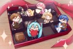  2boys 4girls ahoge black_boots black_shorts black_sleeves black_wrist_cuffs blank_eyes blonde_hair blue_boots blue_hair blue_scarf blue_skirt blush boots bottle bow box box_of_chocolates brown_hair candy chibi chibi_only chocolate choker closed_eyes coat commentary detached_sleeves facing_viewer food hair_between_eyes hair_ornament hairclip hand_on_own_chin hatsune_miku headphones heart heart-shaped_chocolate heart-shaped_food highres holding holding_bottle holding_chocolate holding_food holding_heart humming in_box in_container kagamine_len kagamine_rin kaito_(vocaloid) long_coat long_hair looking_at_another looking_at_object looking_at_viewer lying megurine_luka meiko_(vocaloid) mini_person miniskirt moku_karen multiple_boys multiple_girls neckerchief on_back outstretched_arm pants parted_bangs pink_hair pleated_skirt red_bow red_choker red_ribbon red_shirt ribbon scarf school_uniform serafuku shirt short_hair shorts sidelocks signature sitting skirt sleeping sleeveless sleeveless_shirt sparkle striped_clothes striped_shorts striped_sleeves sweat sweatdrop thigh_boots twintails valentine very_long_hair vocaloid wariza white_coat white_headdress white_pants white_serafuku wrist_cuffs yellow_neckerchief zzz 
