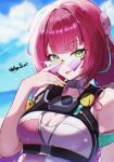  1girl absurdres bare_shoulders breasts camera camera_around_neck cleavage commentary_request hair_ornament hearing_aid heart heart-shaped_eyewear highres long_hair looking_at_viewer medium_breasts official_alternate_costume one-piece_swimsuit pink-tinted_eyewear pink_one-piece_swimsuit red_hair shion5200 solo sphere_hair_ornament swimsuit tinted_eyewear tongue tongue_out two-tone_one-piece_swimsuit ukinami_yuzuha ukinami_yuzuha_(tanuki_in_broad_daylight) upper_body yellow_nails zenless_zone_zero 