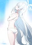  1girl absurdres arched_back ass bikini blue_archive colored_eyelashes commentary_request feet_out_of_frame from_behind halo head_tilt highres long_hair looking_at_viewer nagusa_(blue_archive) nagusa_(swimsuit)_(blue_archive) official_alternate_costume snowflake_halo so-ko solo standing swimsuit very_long_hair white_bikini white_eyelashes white_eyes white_hair white_halo 