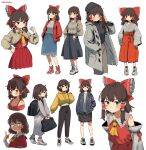  1girl absurdres alternate_costume ascot backpack bag beanie black_bag black_hat black_skirt black_sweater blue_eyes blue_jacket blue_skirt bow brown_eyes brown_hair brown_pants brown_sweater cardigan coat commentary contemporary detached_sleeves english_commentary frilled_bow frilled_hair_tubes frills full_body grey_coat grey_kimono hair_bow hair_tubes hakurei_reimu hand_in_pocket hands_in_pockets hat highres holding holding_bag hood hoodie jacket japanese_clothes kimono long_hair looking_at_viewer multiple_views myaooo open_clothes open_coat open_jacket pants red_bow red_jacket red_shoes red_skirt ribbon-trimmed_sleeves ribbon_trim shoes simple_background skirt skirt_set sneakers sweater touhou twitter_username variations white_background white_shoes white_skirt white_sweater yellow_ascot yellow_cardigan yellow_hoodie 