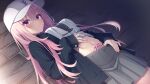  1girl baseball_cap black_jacket blush breasts closed_mouth clothes_lift clothes_pull dutch_angle game_asset grey_necktie grey_skirt hair_between_eyes hand_on_own_stomach harumi_ena hat highres jacket limelight_lemonade_jam long_hair long_sleeves looking_at_viewer midriff muririn navel necktie open_clothes open_jacket pink_eyes pink_hair pleated_skirt pubic_tattoo shirt shirt_lift skirt solo stomach stomach_tattoo tattoo white_shirt 