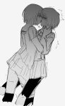  2girls amakura_mayu amakura_mio bandaged_leg bandages blush bob_cut closed_eyes commentary_request cropped_legs face-to-face facing_another fatal_frame fatal_frame_ii:_crimson_butterfly feet_out_of_frame from_side grey_background greyscale half-closed_eyes highres incest kiss leggings looking_at_another miniskirt monochrome multiple_girls rog_33 shirt short_hair short_sleeves siblings simple_background sketch skirt strangling translated twincest twins yuri 