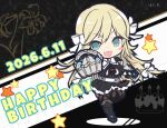  1girl :d absurdres aqua_eyes armored_boots artist_name assault_lily belt belt_buckle birthday_cake black_background black_boots black_shirt black_skirt blonde_hair blush_stickers boots bow brown_pantyhose buckle cake chibi chibi_only commentary_request cropped_jacket dated dual_wielding fang food frilled_skirt frills grey_belt hair_bow hands_up happy_birthday highres holding hotaru_(ultraroly_poly) leg_up long_hair looking_at_viewer luise_ingels miniskirt outstretched_arm pantyhose pleated_skirt power_fist school_uniform shirt skin_fang skirt smile solo standing standing_on_one_leg star_(symbol) thigh_boots thigh_strap two-tone_background two-tone_belt two-tone_shirt underbust v-shaped_eyebrows very_long_hair white_background white_belt white_bow white_shirt yurigaoka_girls_academy_school_uniform 