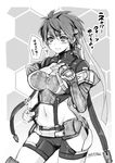  blush cosplay fire_emblem fire_emblem:_souen_no_kiseki genderswap genderswap_(mtf) greyscale headband ike monochrome neighbor_quartz phantasy_star phantasy_star_online_2 short_hair solo yajiro_masaru 