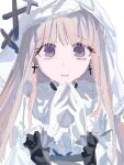  1girl blonde_hair gloves hands_up highres hikami_meruru long_hair long_sleeves looking_at_viewer mahou_shoujo_no_majo_saiban open_mouth own_hands_together simple_background solo steepled_fingers tangxiaowang tearing_up tears upper_body veil white_background white_gloves white_veil 