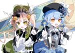  2girls absurdres bird_hat_ornament black_bow black_bowtie black_capelet black_flower black_hat black_rose blonde_hair blue_hair blue_necktie blue_skirt bonnet bow bow_flower bowtie braid braided_hair_rings capelet collared_shirt commentary_request deerstalker dress flower frilled_dress frilled_skirt frilled_sleeves frills glass_shards green_bonnet green_eyes grey_vest hair_bow hair_flower hair_ornament hair_rings harumaking hat hat_bow highres holding holding_weapon layered_skirt lolita_fashion long_hair long_sleeves looking_at_viewer mahou_shoujo_no_majo_saiban multiple_girls necktie open_mouth plaid_clothes plaid_skirt pleated_capelet pointing pointing_at_viewer rose shirt short_hair skirt smile stained_glass tachibana_sherry tono_hanna twintails vest weapon white_flower white_rose white_shirt wide_sleeves winged_hat yellow_eyes yellow_flower yellow_rose 