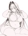  1girl arms_up bow bow_panties bra breasts choker fat greyscale hair_intakes hair_ornament heart heart_hair_ornament highres lace lace_bra meisharan monochrome nanaco_(meisharan) navel original panties parted_lips plump sitting sketch skindentation solo stomach thick_arms thighhighs underwear white_background 