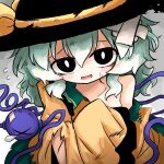  1girl black_eyes black_hat bow bright_pupils buttons collared_shirt commentary_request crossed_bandaids defeat diamond_button disembodied_linked_eye eyeball flying_sweatdrops frilled_shirt_collar frilled_sleeves frills green_hair green_skirt grey_background hair_between_eyes hat hat_bow heripantomorrow komeiji_koishi long_sleeves looking_at_viewer shirt skirt smile solo sweatdrop torn_clothes torn_shirt touhou white_pupils wide_sleeves yellow_bow yellow_shirt 