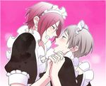  alternate_costume apron blue_eyes blush crossdressing dress enmaided free! grey_hair holding_hands maid maid_headdress male_focus matsuoka_rin multiple_boys nitori_aiichirou open_mouth oshidorio red_eyes red_hair sharp_teeth smile teeth yaoi 