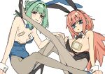  1boy 1girl :3 :o animal_ears bags_under_eyes bandaid black_bow black_bowtie black_leotard black_outline black_shoes blue_bow blue_bowtie blue_eyes blue_leotard blush bow bowtie breasts brown_eyes crossdressing crossdressing_(mtf) detached_collar folded_ponytail green_hair high_heels imamura_ryou large_breasts leotard long_hair looking_at_viewer male_playboy_bunny michinoku_komaro official_art otori_tan outline pantyhose pasties pink_hair playboy_bunny puffy_chest rabbit_ears seitokai_ni_mo_ana_wa_aru! shoes simple_background sitting strapless strapless_leotard trap white_background wrist_cuffs 