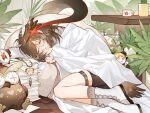  2girls arknights blanket boots brown_hair character_charm charm_(object) chongming821 closed_eyes closed_mouth commentary cup curled_up feather_hair full_body glasses highres ifrit_(arknights) indoors lace-up_boots long_sleeves lying mug multiple_girls on_floor on_side out_of_frame owl_ears paper_stack plant potted_plant saria_(arknights) short_hair silence_(arknights) sleeping solo_focus stuffed_owl table tail under_covers untranslatable_commentary white_boots 