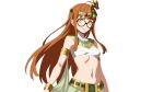  1girl ancient_egyptian_clothes armlet bandages bracelet breasts circlet commentary glasses gold_armlet gold_bracelet highres jewelry long_hair looking_at_viewer navel orange_hair persona persona_5 sakura_futaba shadow_(persona) shadow_futaba shendyt small_breasts solo uraeus usekh_collar velvet_hour white_background yellow_eyes 