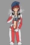  1girl averting_eyes blush bodysuit christina_mackenzie christina_mackenzie_(cosplay) clothes_lift collar cosplay dog_tags earth_federation embarrassed grey_background gundam gundam_0080 hat hot logo mecha_pilot_suit medium_hair military_hat military_rank_insignia military_uniform navel original red_hair science_fiction seotaku_(kyokkou) simple_background sketch solo steam stomach sweat underwear unfinished unzipping yellow_eyes 