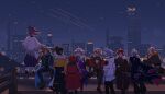  6+boys axel_syrios axel_syrios_(1st_costume) backlighting banzoin_hakka banzoin_hakka_(1st_costume) city_lights cityscape commentary crimzon_ruze crimzon_ruze_(1st_costume) english_commentary everyone fence from_behind gavis_bettel gavis_bettel_(1st_costume) goldbullet goldbullet_(1st_costume) highres holostars holostars_english josuiji_shinri josuiji_shinri_(1st_costume) jurard_t_rexford machina_x_flayon machina_x_flayon_(1st_costume) male_focus multiple_boys night nooooouuuuugat octavio octavio_(1st_costume) on_fence outdoors regis_altare shooting_star sitting sitting_on_fence sky star_(sky) starry_sky virtual_youtuber 