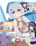  ! 1boy 1girl absurdres alternate_costume apron baking bare_arms basher blue_bow blue_eyes blunt_bangs blush boros_(ouro_kronii) bow bowl closed_mouth commentary english_commentary enmaided flying_sweatdrops grey_apron grey_hair hair_bow hair_intakes highres holding holding_bowl holding_tray hololive hololive_english indoors kotatsu long_hair maid multicolored_hair ninomae_ina'nis open_mouth personification pointy_ears purple_hair short_hair sleeveless smile table takodachi_(ninomae_ina'nis) tentacle_hair trap tray under_kotatsu under_table v-shaped_eyebrows virtual_youtuber 
