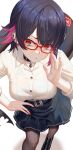  1girl absurdres aoi_(buzhuen444) black_choker black_hair black_skirt breasts candy choker commentary_request ellen_joe ellen_joe_(on_campus) fins fish_tail food food_in_mouth from_above glasses hair_ornament hair_over_one_eye hairclip hand_on_own_hip hand_up highres lollipop lollipop_in_mouth looking_at_viewer looking_up medium_breasts medium_hair miniskirt multicolored_hair nail_polish orange_eyes pantyhose pink_hair pleated_skirt red_nails shark_girl shark_tail shirt skirt solo standing tail two-tone_hair white_shirt x_hair_ornament zenless_zone_zero 