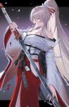  absurdres bare_shoulders boost404 breasts clothing_cutout commentary fingernails hair_ribbon hakama hakama_skirt highres hip_vent hiyuki_(wuthering_waves) holding holding_sword holding_weapon id_card japanese_clothes katana kimono large_breasts long_hair nail_polish off_shoulder ponytail red_eyes red_hakama red_nails red_ribbon ribbon skirt sword weapon white_hair white_kimono wuthering_waves 