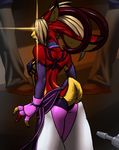  blonde_hair blytzkreeg breasts clothed clothing cosplay fangs female fingerless_gloves fur furball gloves hair horn juri_han lagomorph mammal pants rabbit red_fur skimpy solo street_fighter video_games yellow_fur 