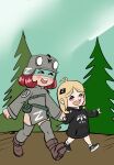  2girls :d absurdres black_shoes blonde_hair blush boots brown_boots buhanka-chan child full_body grey_thighhighs highres hood hoodie long_hair long_sleeves mexibro military multiple_girls open_mouth original outdoors panties pelvic_curtain red_hair russo-ukrainian_war shoes smart-chan smile sneakers standing teeth thighhighs tree underwear white_panties z_(russian_symbol) 