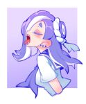  1girl alternate_costume blue_hair border closed_eyes commentary ear_piercing fangs from_side hairband little123blood neckerchief outside_border piercing pink_lips purple_background shirt shiver_(splatoon) solo splatoon_(series) splatoon_3 tongue tongue_out white_border white_hairband white_shirt 