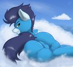  balls blue_hair bodysuit butt clothing cloud equine friendship_is_magic green_eyes hair hi_res horse looking_at_viewer looking_back lying male mammal my_little_pony on_front outside pegasus pose rubber seductive shiny skinsuit skipsy sky smile soarin_(mlp) solo suit teeth tight_clothing wings wonderbolts_(mlp) 