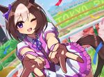 1girl animal_ears blush bow braid brown_hair collared_shirt commentary_request confetti double_v ear_bow ear_ribbon half_up_braid highres horse_ears horse_girl horse_tail jacket kasuokasuto looking_at_viewer multicolored_hair one_eye_closed open_clothes open_jacket open_mouth purple_bow purple_eyes purple_ribbon purple_vest ribbon shirt short_hair short_sleeves skirt smile special_week_(special_dreamer)_(umamusume) special_week_(umamusume) tail two-tone_hair umamusume v vest white_hair white_jacket white_shirt white_skirt wristband 