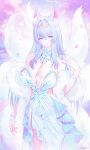  1girl animal_ear_fluff animal_ears bare_shoulders blue_dress blue_eyes blue_hair breasts closed_mouth clothing_cutout cloud cloudy_sky commentary dress feather_boa fingernails fox_ears fox_girl hair_between_eyes hair_ornament hand_up highres huge_breasts jianshu kitsune kyuubi long_hair looking_at_viewer multiple_tails nail_polish original outdoors petals pink_nails pink_petals side_cutout sky smile solo tail untranslatable_commentary 