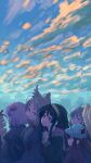  6+girls animal_ears antenna_hair baseball_cap black_jacket blonde_hair blue_eyes blue_hat brown_hair cloud cloudy_sky commentary day extreme_nattou green_hair grey_hair hair_bobbles hair_ornament hairband hat highres jacket kiritanpo_(food) kizuna_akari light_smile looking_at_another multiple_girls out_of_frame outdoors own_hands_together purple_hair red_eyes sailor_collar school_uniform serafuku sidelocks sky touhoku_itako touhoku_kiritan touhoku_zunko tsuina-chan upper_body vocaloid voiceroid wolf_ears yuzuki_yukari 