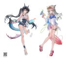  2girls absurdres alternate_costume animal_ears aqua_one-piece_swimsuit aqua_shorts arknights arknights:_endfield bird_ears black_eyes black_hair blue_eyes blue_horns blue_jacket blue_tail breasts chen_qianyu_(arknights) clenched_teeth commentary_request crop_top dragon_girl dragon_horns dragon_tail eastern_dragon_horns eastern_dragon_tail full_body grey_hair highres holding holding_megaphone horns horns_through_hood jacket leg_up long_hair looking_at_viewer medium_breasts megaphone multiple_girls one-piece_swimsuit one_eye_closed parted_lips partial_commentary perlica_(arknights) pointing pointing_at_self red_shoes sandals see-through_clothes see-through_jacket shoes shorts simple_background swimsuit tail teeth twintails uli_(bredkgod) water_gun whistle whistle_around_neck white_background white_one-piece_swimsuit white_sandals 