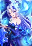  1girl alternate_color amaneiru bare_shoulders blue_dress blue_eyes blue_hair blue_sleeves breasts butterfly-shaped_pupils collarbone commentary_request detached_sleeves dress genshin_impact hands_up highres long_hair looking_at_viewer manekina_(butterfly_resplendence)_(genshin_impact) manekina_(genshin_impact) medium_breasts open_mouth parted_bangs signature solo strapless strapless_dress symbol-shaped_pupils very_long_hair 