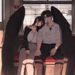  1boy 1girl absurdres alternate_costume black_hair black_jacket black_nails black_pants black_wings blue_archive breasts choker cleavage closed_eyes collarbone ddog doodle_sensei_(blue_archive) grey_pants hair_between_eyes hasumi_(blue_archive) highres holding_hands huge_breasts intentionally_missing_halo interlocked_fingers jacket jewelry leaning_on_person long_hair missing_halo nail_polish pants ring sensei_(blue_archive) shirt short_hair sleeping sleeves_rolled_up smartwatch train_interior watch white_shirt wings wristwatch 
