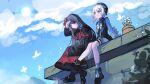  2girls absurdres armband belt beret black_capelet black_choker black_coat black_hair black_hat black_shirt black_shoes black_skirt blue_sky bug butterfly capelet center_frills choker closed_mouth cloud cloudy_sky coat collared_coat collared_shirt commentary_request crown flower flower-trimmed_shorts flower-trimmed_sleeves flower_pot frilled_socks frills from_above gloves gradient_hair hair_flower hair_ornament hat hat_flower hat_ribbon highres layered_skirt long_hair long_skirt long_sleeves looking_at_viewer mahou_shoujo_no_majo_saiban mary_janes multicolored_hair multiple_girls neck_ribbon necktie nikaido_hiro o-ring o-ring_thigh_strap on_roof pink_eyes pink_hair plaid_clothes plaid_skirt puffy_sleeves red_armband red_eyes red_flower red_necktie red_skirt ribbon sakuraba_ema shirt shoes short_hair side_capelet siocm sitting sitting_on_roof skirt sky sleeveless sleeveless_coat smile socks sun thigh_strap white_butterfly white_flower white_gloves white_hair white_ribbon white_shirt white_sleeves white_socks x_hair_ornament 