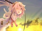  :d ;d backlighting bow cloud commentary_request fake_horns floating_hair foreshortening gynoid_talk hairband horned_headwear horns kokodoko_(g_kkdk) long_hair low_twintails meika_hime meika_hime_(gynoid_talk) one_eye_closed open_mouth outdoors outstretched_arms partial_commentary pink_eyes pink_hair reaching reaching_towards_viewer red_bow sailor_collar shirt sky sleeveless sleeveless_shirt smile sun sunrise twintails v vocaloid white_sailor_collar white_shirt 