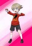 1boy :d asatsuki_(fgfff) black_shoes black_shorts blue_eyes brown_hair clenched_hand collared_shirt commentary_request full_body hair_between_eyes happy highres holding holding_poke_ball knees long_sleeves male_focus open_mouth poke_ball poke_ball_(basic) pokemon pokemon_sword_and_shield red_sweater shirt shoes short_hair shorts smile socks solo standing sweater teeth upper_teeth_only white_shirt white_socks youngster_(pokemon) 