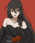  1girl bare_shoulders black_dress black_gloves black_hair braid breasts cleavage commentary dress elbow_gloves gloves highres large_breasts long_hair looking_at_viewer official_alternate_costume open_mouth piyoko_369 red_background side_braid smile solo tales_of_(series) tales_of_berseria velvet_crowe velvet_crowe_(chic) yellow_eyes 
