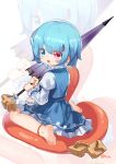  1girl :3 absurdres barefoot blue_eyes blue_hair blue_vest chinese_commentary commentary_request frilled_skirt frills hair_ornament heterochromia highres hxj_(2324184595) juliet_sleeves karakasa_obake long_sleeves looking_at_viewer open_mouth pink_eyes puffy_sleeves purple_umbrella shirt short_hair sitting skirt smile soles tatara_kogasa toes tongue touhou umbrella vest wariza white_shirt zoom_layer 