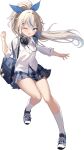  1girl amu_(twinkle_star_knights) artist_request bag blue_bag blue_bow blue_eyes blue_hair blue_shoes blue_skirt bow checkered_clothes checkered_skirt hair_bow hair_ornament hairclip headphones headphones_around_neck holding holding_bag multicolored_hair official_art one_eye_closed open_mouth ponytail shirt shoes skirt socks solo thighs twinkle_star_knights two-tone_hair white_background white_hair white_shirt white_socks 