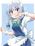  1girl absurdres apron back_bow blood blood_on_clothes blue_eyes blush bow braid breasts collared_shirt commentary_request dress drooling fang green_bow green_ribbon grey_hair hair_bow highres izayoi_sakuya long_hair maid maid_headdress medium_breasts neck_ribbon nosebleed open_mouth pinafore_dress puffy_short_sleeves puffy_sleeves ribbon saliva schinfaxi1996 shirt short_sleeves sleeveless sleeveless_dress smile solo touhou translation_request twin_braids waist_apron white_bow white_shirt white_wrist_cuffs wrist_cuffs 