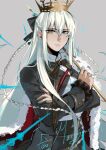  1girl absurdres blue_eyes blue_nails bow bowtie braid cape character_name closed_eyes commentary crossed_arms crown expressionless fate/grand_order fate_(series) fur-trimmed_cape fur_trim high-waist_skirt highres holding holding_scepter long_hair long_sidelocks long_sleeves looking_at_viewer morgan_le_fay_(fgo_fes._2026)_(fate) pan_(idontlikebreadd) scepter side_cape sidelocks skirt solo very_long_braid white_hair 