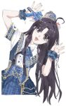  1girl ahoge awa_subaru black_hair blue_bow blue_skirt blue_wrist_cuffs bow commentary cxxxl girls_band_cry highres holding holding_microphone long_hair looking_at_viewer microphone open_mouth parted_bangs purple_eyes shirt simple_background skirt solo teeth upper_teeth_only white_background white_shirt wrist_cuffs 