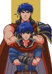  2boys absurdres age_comparison aonagimay armor blue_eyes blue_hair cape closed_mouth commentary_request crossed_arms dual_persona fire_emblem fire_emblem:_path_of_radiance fire_emblem:_radiant_dawn green_headband headband highres ike_(fire_emblem) looking_at_viewer male_focus multiple_boys pauldrons red_cape short_hair shoulder_armor simple_background single_pauldron 