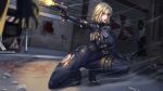  1girl 1other 3girls bandages black_bodysuit blonde_hair blood blood_stain bodysuit catsuit commentary_request fbi_badge firing garage garage_door grace_ashcroft gun handgun highres holding holding_gun holding_weapon latex long_skirt maoge multiple_girls resident_evil resident_evil_requiem shell_casing shiny_clothes shirt short_hair signature skin_tight skirt squatting thigh_strap torn_clothes umbrella_corporation_logo weapon white_shirt zombie 