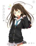  &gt;_&lt; bad_id bad_pixiv_id bag bakemonogatari blush brown_hair cardigan closed_eyes earrings idolmaster idolmaster_cinderella_girls jewelry long_hair monogatari_(series) necklace necktie parody school_bag school_uniform shibuya_rin skirt solo tel-o tongue tongue_out translated white_background 