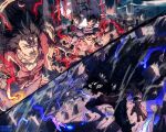  aura belt cape clenched_hand fur_trim gol_d._roger grin haki_(one_piece) highres holding holding_sword holding_weapon jacket jewelry lightning monkey_d._garp muscular muscular_male necklace one_piece red_eyes red_lightning red_shirt rocks_d._xebec shirt smile sword taku_(aywakutakuay) unshaved_face weapon white_jacket wrist_cuffs 