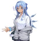  1girl alternate_costume amagi_(amagi626) bag bag_charm blue_bag blue_bow blue_eyes blue_hair blue_nails blush bow breasts cardigan charm_(object) cirno closed_mouth collared_shirt commentary_request contemporary detached_wings grey_cardigan hair_bow highres ice ice_wings large_breasts long_hair long_sleeves medium_breasts partially_unbuttoned pleated_skirt pokemon school_bag school_uniform scrunchie shirt simple_background skirt smile snom solo spheal tan touhou translation_request variant_set white_background white_shirt wings wrist_scrunchie 