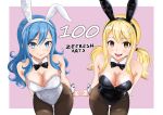  2girls absurdres animal_ears artist_name bare_shoulders black_leotard blonde_hair blue_eyes blue_hair breasts brown_hair brown_pantyhose cleavage closed_mouth commentary covered_navel detached_collar english_commentary fairy_tail fake_animal_ears highres juvia_lockser large_breasts leotard light_blush long_hair looking_at_viewer lucy_heartfilia multiple_girls open_mouth pantyhose playboy_bunny rabbit_ears sidelocks smile teeth twintails upper_teeth_only white_leotard zefresh_arts 