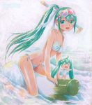  artist_name bikini chibi diving_mask diving_mask_on_head green_eyes green_hair hair_ribbon hatsune_miku long_hair mayo_riyo multiple_girls navel open_mouth outstretched_arms ponytail ribbon side-tie_bikini snorkel spread_arms spring_onion straddling striped striped_bikini striped_swimsuit surfing swimsuit traditional_media twintails very_long_hair vocaloid water 