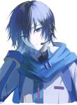  1boy blue_eyes blue_hair blue_scarf blue_trim closed_mouth coat colored_skin commentary_request cropped_torso hair_between_eyes hand_on_own_head headset highres kaito_(sp)_(vocaloid) kaito_(vocaloid) looking_at_viewer male_focus raiya_atelier scarf simple_background smile solo turtleneck upper_body vocaloid white_background white_coat white_skin 