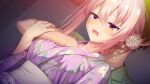  1boy 1girl blush breasts dutch_angle flower game_asset grabbing_another's_breast grabbing_from_behind groping hair_between_eyes hair_flower hair_ornament hand_under_clothes harumi_ena hetero highres japanese_clothes kimono limelight_lemonade_jam long_hair muririn open_mouth pink_hair red_eyes saliva sash solo_focus yukata 